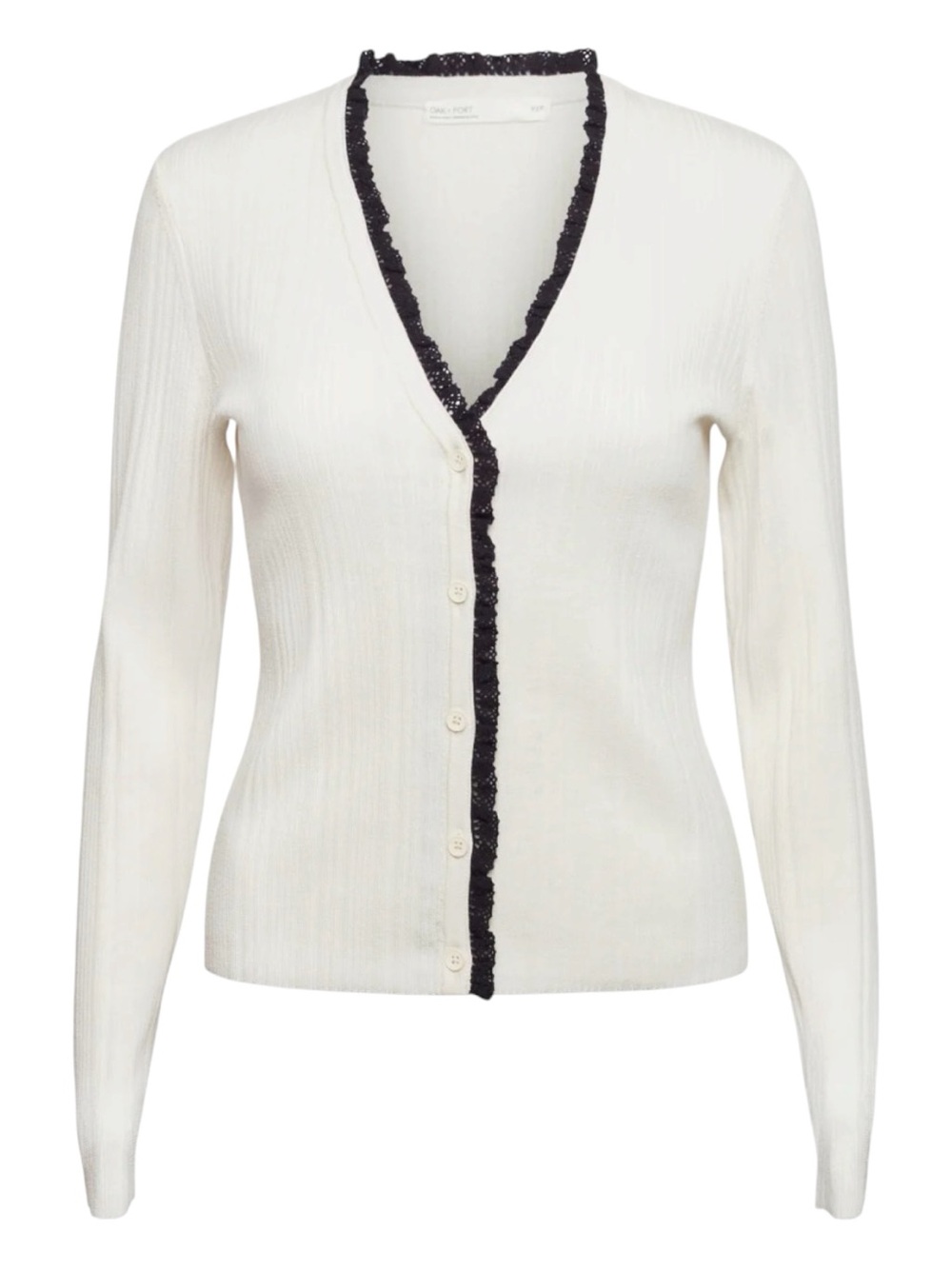 OAK + FORT Ivory/Black Lace Trim Ribbed Button Front Cardigan (S)